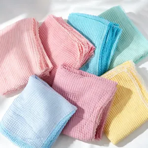 Soft honeycomb wrinkled gauze scarf with delicate lace trim, detailed view of various colors.
