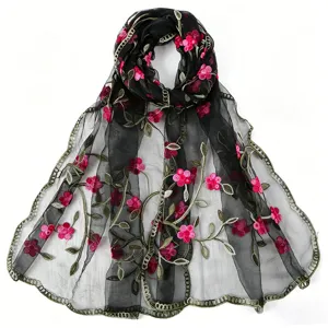 Nylon embroidered black long scarf lightweight floral women shawl breathable fashion accessory.