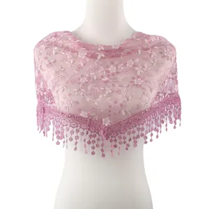 Femme rose dentelle triangle châle paillettes broderie florale franges foulard élégant