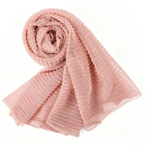 Close-up detail of the pink pleated shimmer hijab scarf showcasing soft fabric texture.