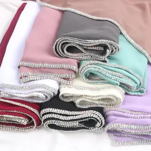 Cross-border solid color chiffon hijab with sparkling rhinestone chain border, soft and elegant style.