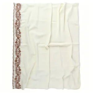 Lightweight chiffon scarf in off-white featuring detailed brown floral embroidery border.