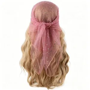 Dames Mode Strass Mesh Vierkante Sjaal Lichtgewicht Ademende Hoofddoek Voor Dagelijks Gebruik