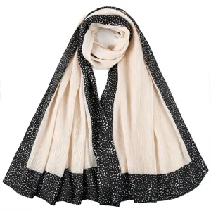 Detailed view of women pleated crinkle hijab scarf with black speckled print border soft breathable