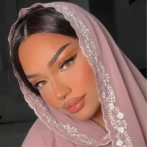 Women's Chiffon Scarf Lightweight Breathable Solid Color Clover Embroidered Lace Edge Shawl Long Wrap Fashion Accessory