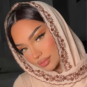 Beige chiffon headscarf with brown floral embroidery, elegant lightweight hijab wrap for women