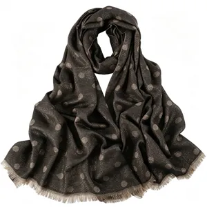 Gold thread jacquard polka dot rayon long scarf shawl with short fringe detail for women.