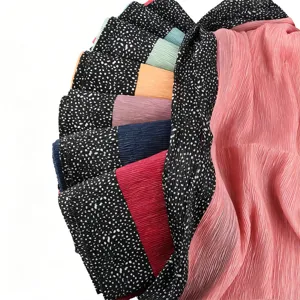 Women's pleated long scarf with black printed edge, soft and breathable solid color hijab.