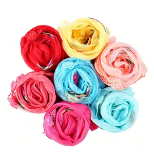 Women's floral embroidered lace silk scarf spring summer solid color gauze shawl wrap multi-color