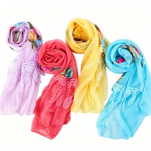 Women spring summer gauze scarf with floral embroidery and lace trim elegant detailed view.