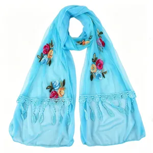 Light blue sheer women scarf with delicate floral embroidery and elegant lace trim details.