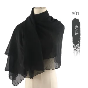 Black chiffon embroidered scarf hijab shawl for women elegant lace trim head cover lightweight.