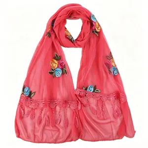 Details of women red floral embroidered chiffon scarf with lace trim elegant spring neck wrap