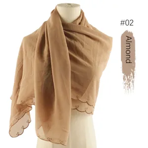 Almond chiffon scarf with heart embroidery, lightweight elegant hijab and stylish women shawl.