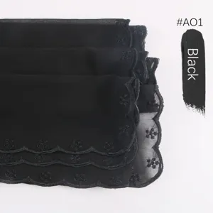 Bufanda de gasa bordada negra hiyab musulmán elegante borde de encaje pañuelo de moda