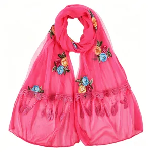 Women Lightweight Chiffon Scarf Elegant Floral Embroidery Long Scarf With Lace Tassels Spring Summer Wrap
