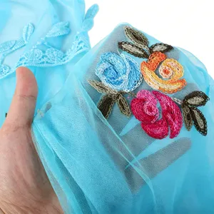 Light blue sheer mesh scarf for women featuring exquisite colorful floral embroidery and lace trim.