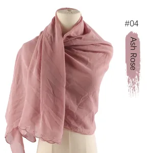 Chiffon embroidered scarf hijab with delicate lace edge elegant head wrap for women ash rose