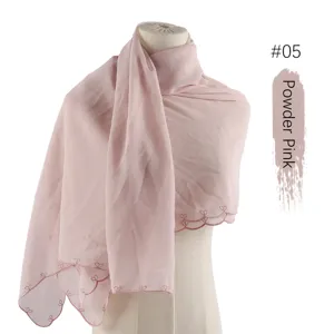 Elegant powder pink chiffon scarf with delicate embroidered heart lace edge for women.