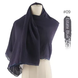 Dark blue chiffon embroidered scarf elegant hijab wrap shawl stylish head cover fashion accessory
