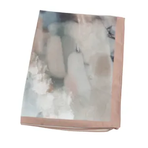 Chiffon scarf detail, abstract print design with soft pink border, elegant spring accessory.
