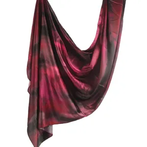 Elegant marble print silk scarf, dark red abstract lightweight summer shawl for women.