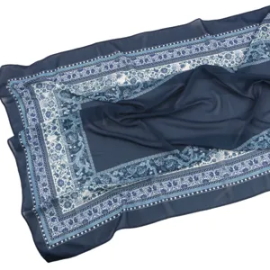 Blue and white bohemian chiffon scarf, elegant floral print sun protection shawl.