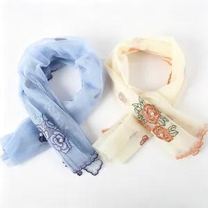 Close-up of sheer floral embroidered scarf detail with delicate pearls and wave edge design.