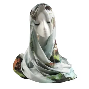 Detailed view of luxury marble print imitation silk scarf, elegant ethnic summer headwrap.