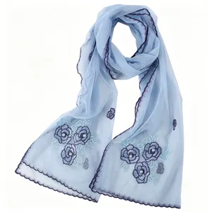 Light blue floral embroidered mesh scarf featuring scalloped edges and elegant pearl details.