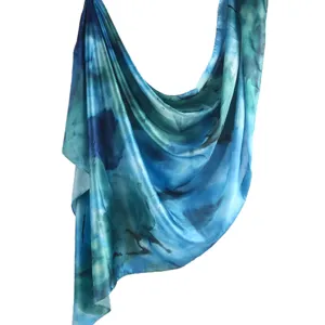 Blue marble print silk scarf, elegant summer ethnic shawl, soft lightweight women headwear.