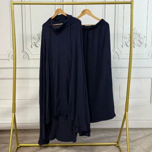 Solid color long prayer dress with hijab set, elegant navy blue modest clothing for women.