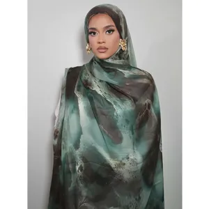 Women Fashion Printed Long Scarf Lightweight Soft Satin Silk Headscarf Elegant Abstract Art Neck Scarf Shawl Wrap
