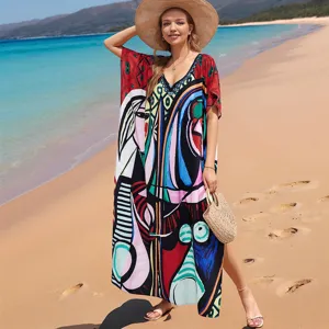 Colorful abstract art print beach cover-up maxi dress, V-neck loose fit vacation wear.