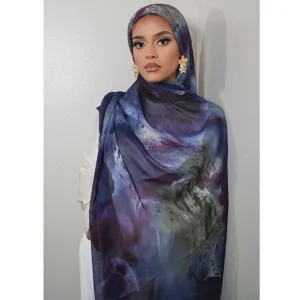 Close-up detail view of the women's imitation silk printed long scarf featuring abstract art pattern.