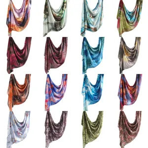 Exquisite silk printed scarf shawl featuring vibrant abstract watercolor and floral designs.