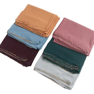 Solid color chiffon hijab for women, elegant gold chain trim long scarf, multi-color Muslim headwrap.
