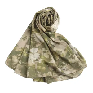 Elegant green floral silk scarf, stylish camo printed shawl for women, detailed display.