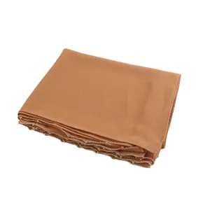 Chiffon hijab for women, solid camel color with elegant gold beaded chain edge, lightweight.