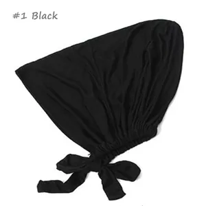 Gorro interior elástico de modal con lazo, hijab transpirable de color liso negro.