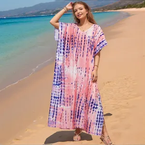 Women tie-dye beach cover up V-neck maxi dress summer vacation casual loose long kaftan robe