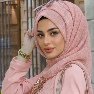 Women Metallic Elastic Hijab Scarf Solid Color Lightweight Fashion Muslim Head Cover Long Shawl Wrap For Daily Wear