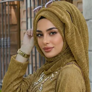 Elastic metallic thread hijab scarf for women fashion Muslim head cover gold headwrap