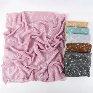 Women sparkling sequin metallic polyester long scarf, lightweight breathable shawl detail.