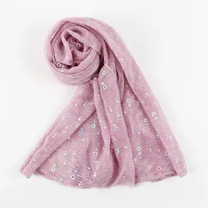 Pink pleated metallic scarf detail, shimmering sequins, breathable lightweight shawl fabric.