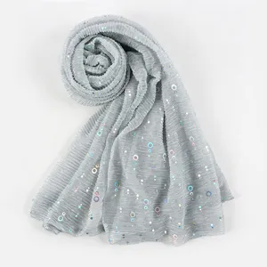 Shimmery pleated metallic sequin long scarf for women, elegant lightweight spring shawl.