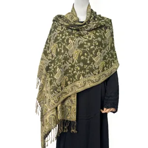 Classic green paisley jacquard long scarf detail showing intricate woven pattern and tassels.