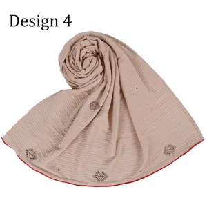 Womens Mercerized Cotton Scarf Solid Color Striped Breathable Shawl With Red Edge And Rhinestone Embellishment