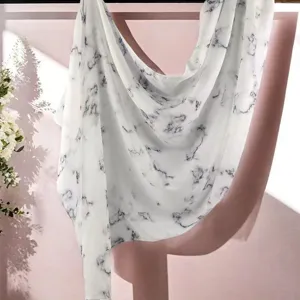 Elegant black and white marble print satin polyester long scarf for women fashion accessory.