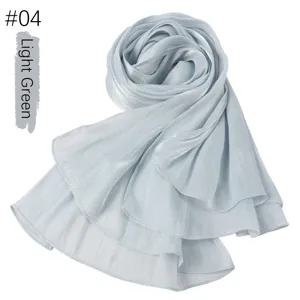 Light green crinkled satin long scarf for women, breathable cooling material and elegant shawl.